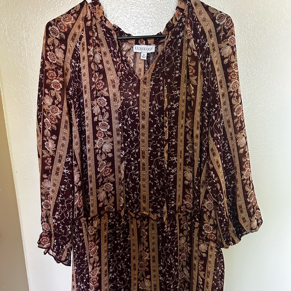 Luxology Women's Long Sleeve Floral Dress - Brown and Cream